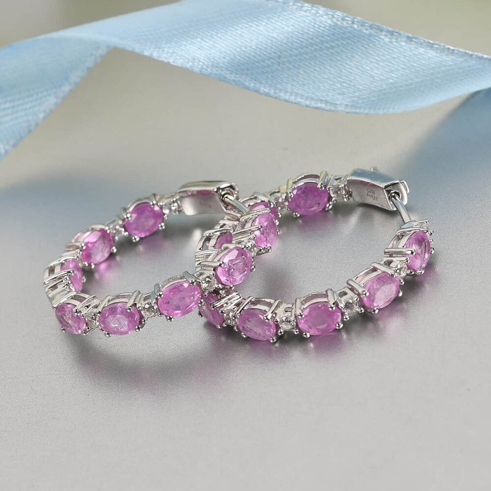 Ilakaka Hot Pink Sapphire and Zircon Hoop Earrings in Platinum Over SS